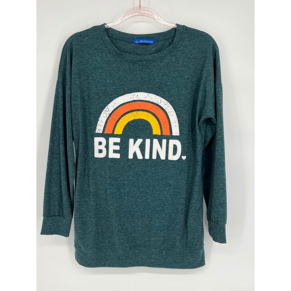 IrisGod Womens Be Kind Rainbow Graphic Green‎ Long Sleeve Top Small